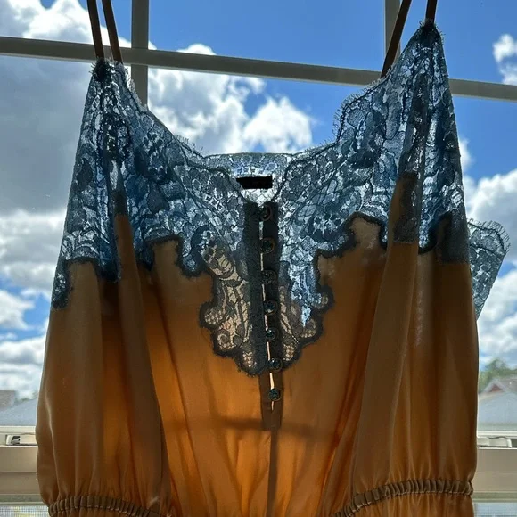 Rosamosario 100% Silk Satin and Chantilly French Lace Camisole Nude and Blue - Picture 9 of 17